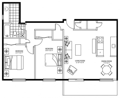 Floor plan for 2 beds, 1 bath, 970 sqft
